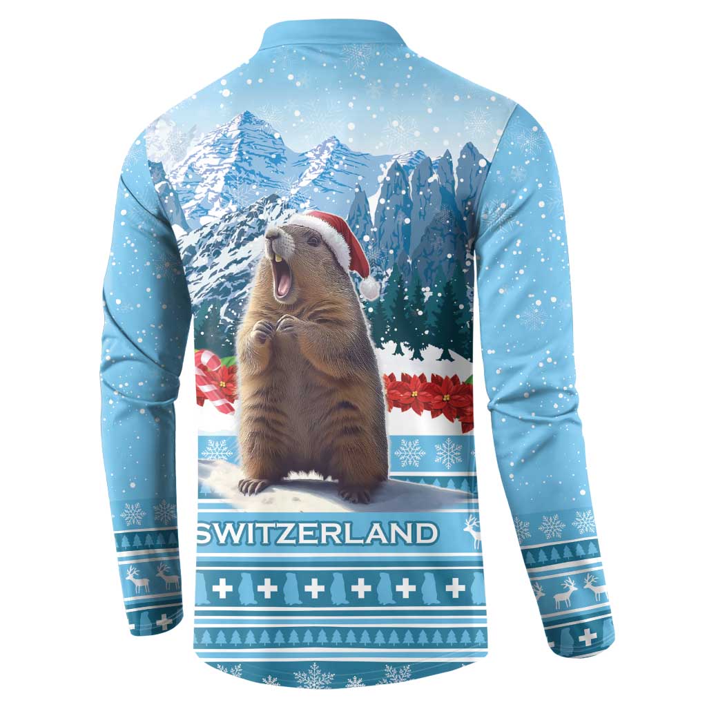Blue men's button sweatshirt, back graphic with SWITZERLAND and marmot in snowy mountains