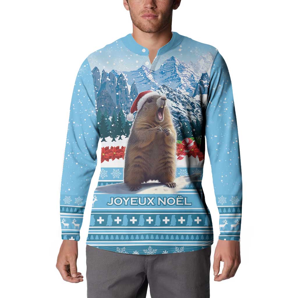 Blue men's button sweatshirt with front marmot, festive stripes, and JOYEUX NOEL panel