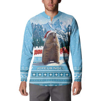 Blue men's button sweatshirt with front marmot, festive stripes, and JOYEUX NOEL panel
