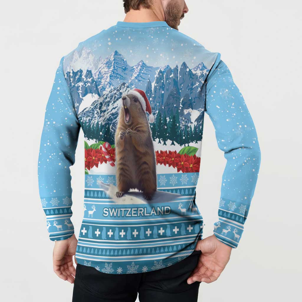 Blue men's button sweatshirt, back view with marmot and SWITZERLAND winter band