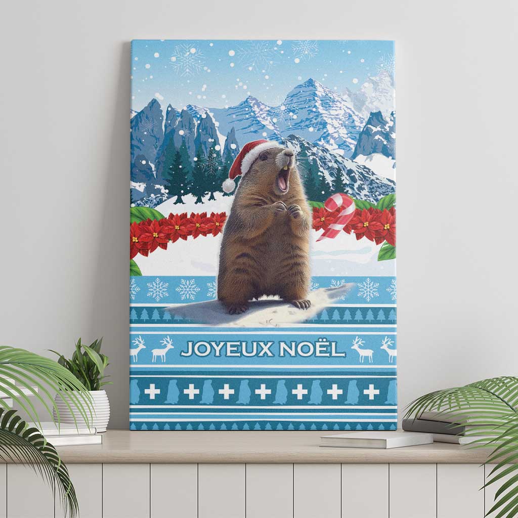 Christmas marmot canvas wall art with mountain scene and Joyeux Noël text