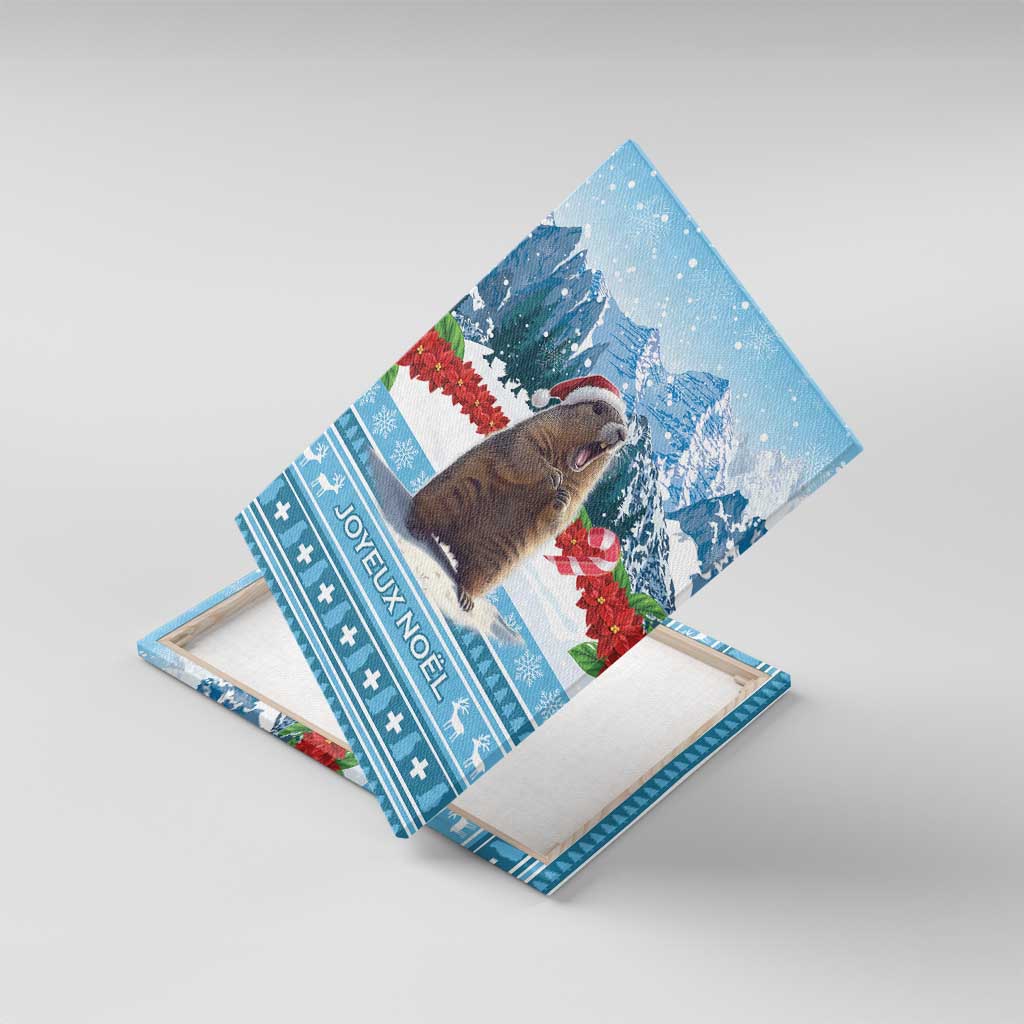 Blue canvas wall art showing a marmot in a Santa hat with snowy landscape design