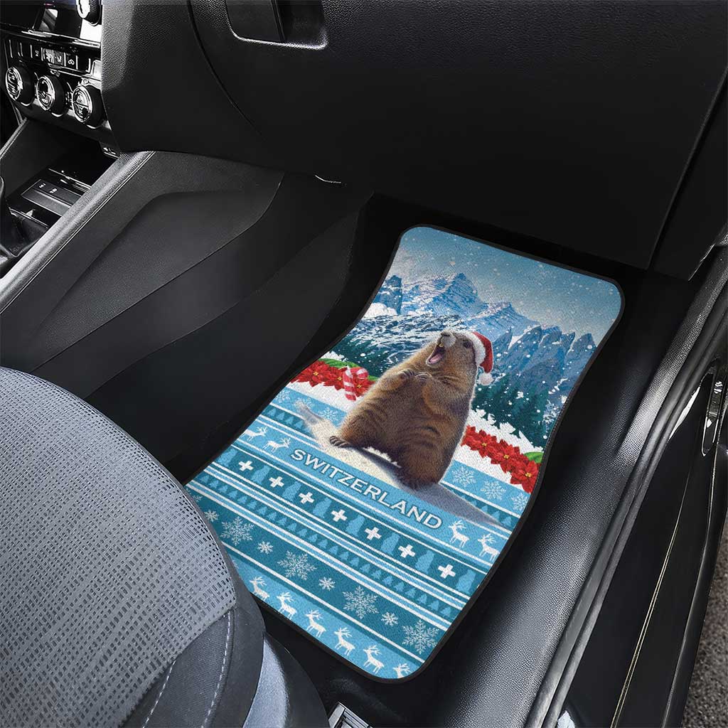 Blue front seat car mat with Switzerland marmot in Santa hat and winter mountain graphic