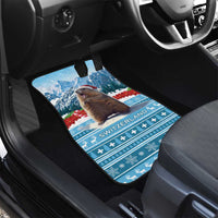Blue car floor mat with Switzerland marmot in Santa hat, winter striped holiday pattern