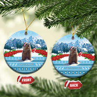 Round ceramic Christmas ornament with marmot scene, front and back views
