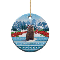 Round blue ceramic ornament with marmot, mountains, and Joyeux Noël