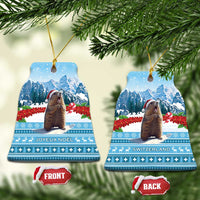 Bell-shaped ceramic Christmas ornament with marmot and Switzerland print, front and back
