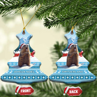 Blue ceramic Christmas tree ornament with marmot and Joyeux Noel, front and back
