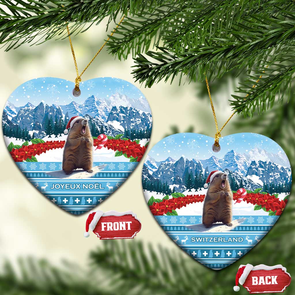 Heart ceramic ornament with marmot and Switzerland Christmas design, blue