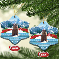 Ceramic snowflake ornament with marmot, blue alpine scene, front and back views