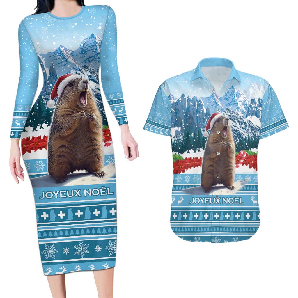 Switzerland Christmas Marmot Couples Matching Long Sleeve Bodycon Dress and Hawaiian Shirt Joyeux Noel - Wonder Print Shop