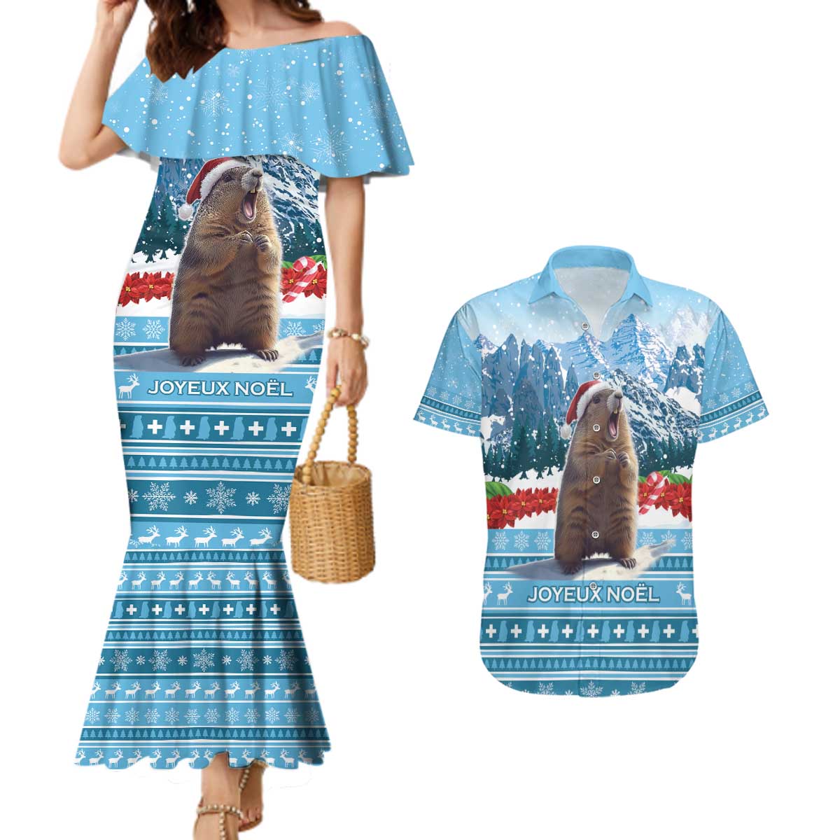 Switzerland Christmas Marmot Couples Matching Mermaid Dress and Hawaiian Shirt Joyeux Noel - Wonder Print Shop