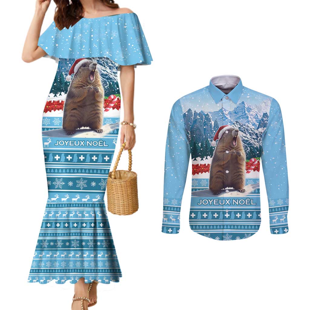 Switzerland Christmas Marmot Couples Matching Mermaid Dress and Long Sleeve Button Shirt Joyeux Noel