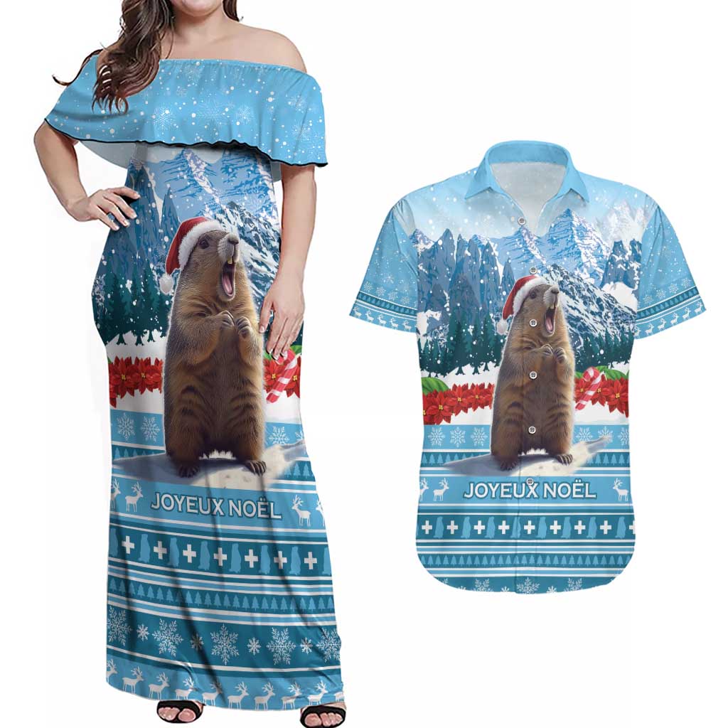 Switzerland Christmas Marmot Couples Matching Off Shoulder Maxi Dress and Hawaiian Shirt Joyeux Noel - Wonder Print Shop