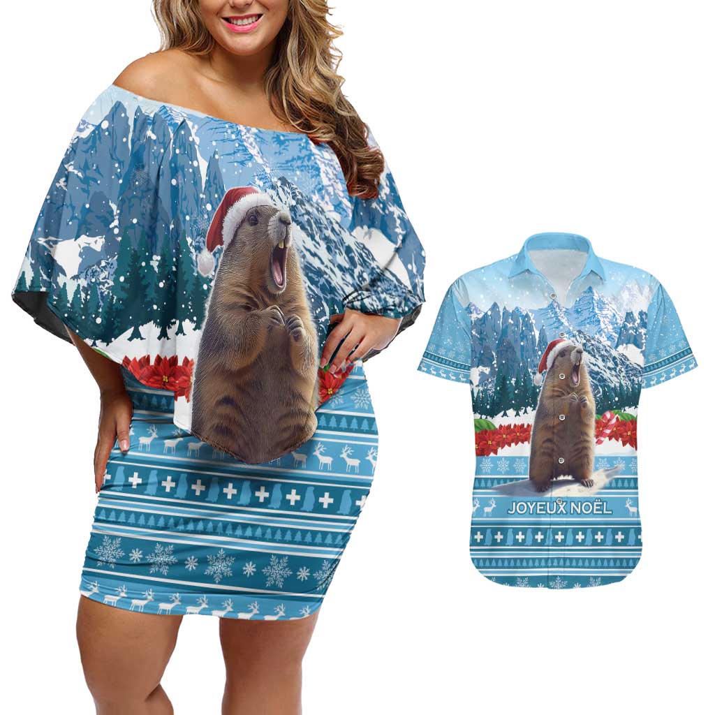 Switzerland Christmas Marmot Couples Matching Off Shoulder Short Dress and Hawaiian Shirt Joyeux Noel - Wonder Print Shop