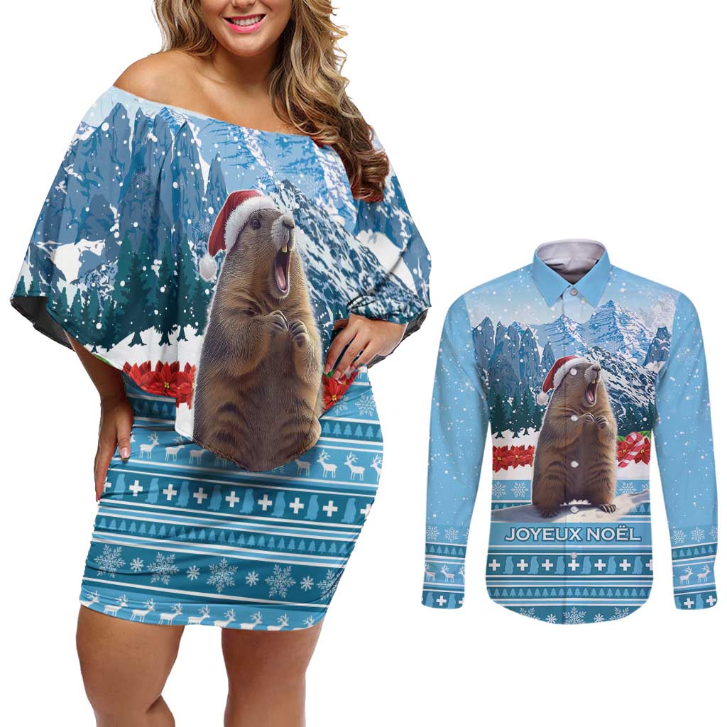 Switzerland Christmas Marmot Couples Matching Off Shoulder Short Dress and Long Sleeve Button Shirt Joyeux Noel - Wonder Print Shop