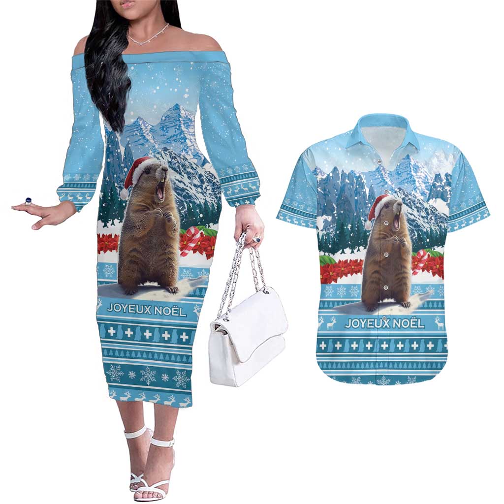 Switzerland Christmas Marmot Couples Matching Off The Shoulder Long Sleeve Dress and Hawaiian Shirt Joyeux Noel - Wonder Print Shop