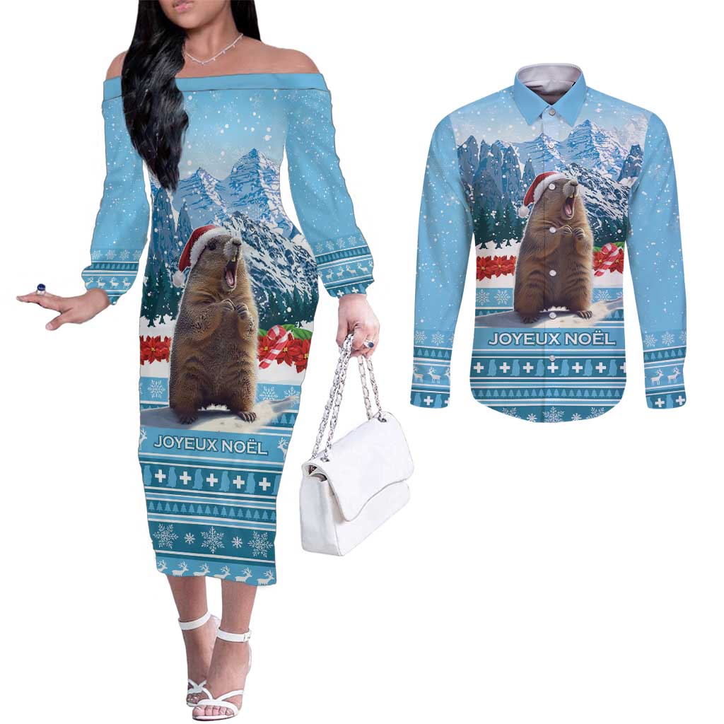 Switzerland Christmas Marmot Couples Matching Off The Shoulder Long Sleeve Dress and Long Sleeve Button Shirt Joyeux Noel