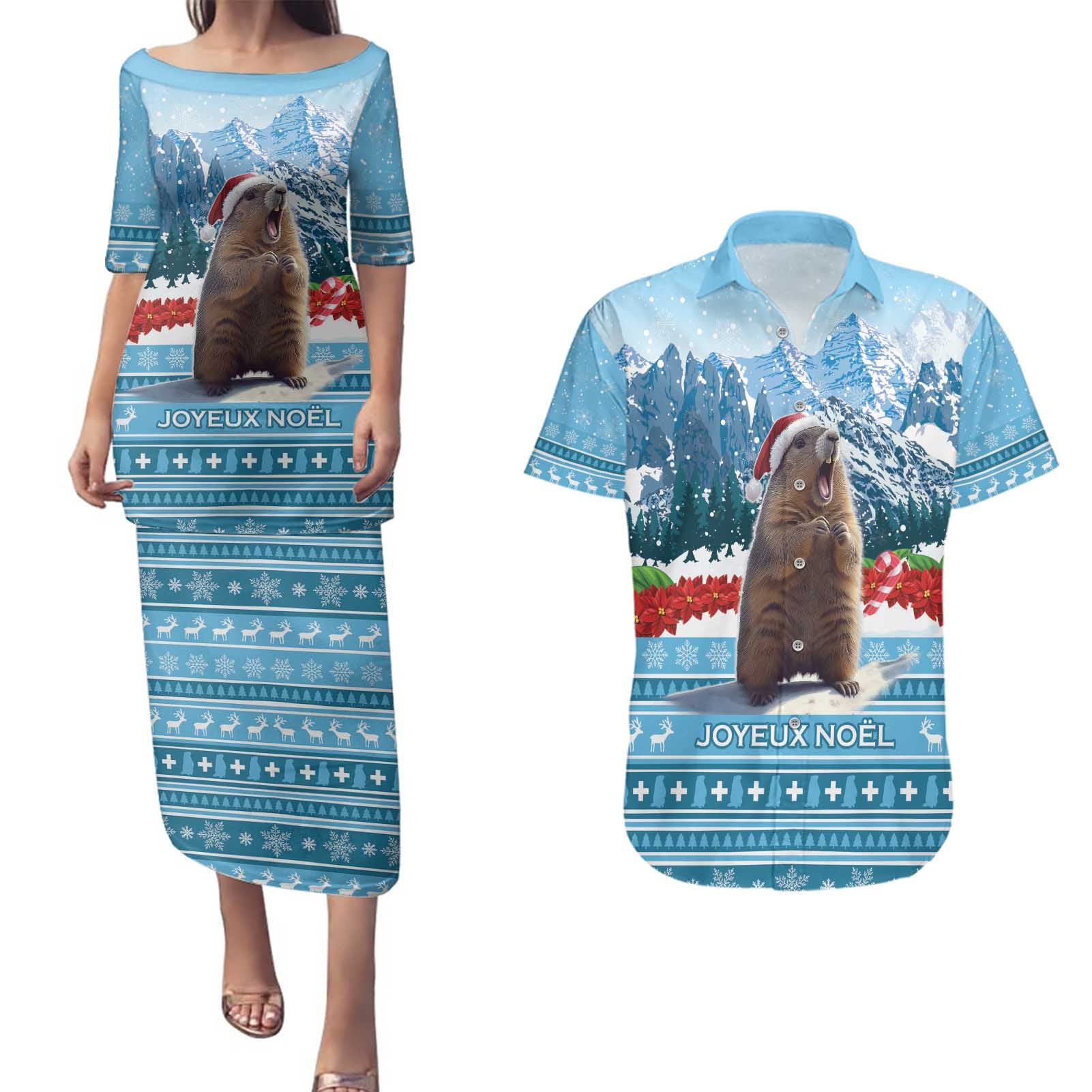 Switzerland Christmas Marmot Couples Matching Puletasi and Hawaiian Shirt Joyeux Noel - Wonder Print Shop