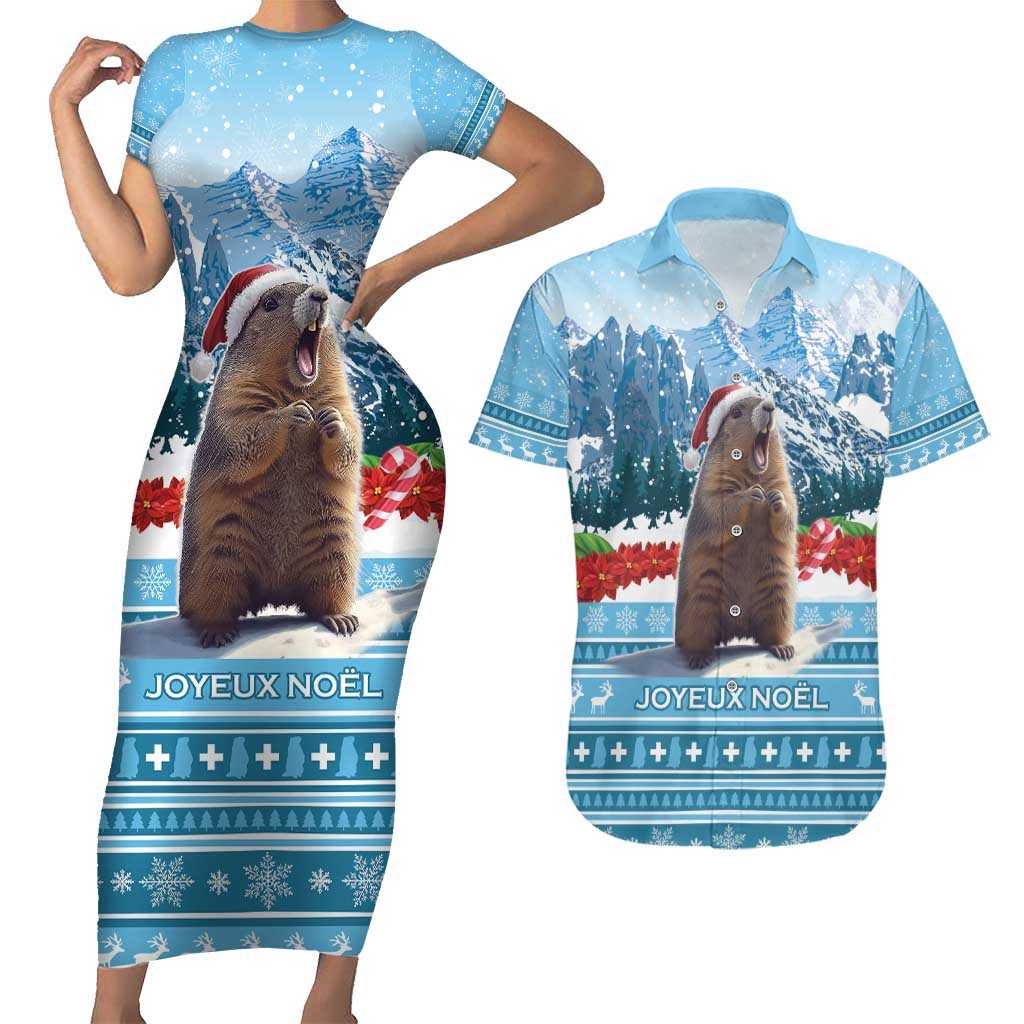 Switzerland Christmas Marmot Couples Matching Short Sleeve Bodycon Dress and Hawaiian Shirt Joyeux Noel - Wonder Print Shop