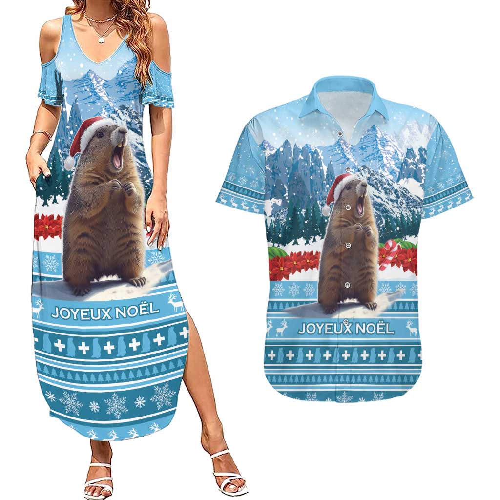 Switzerland Christmas Marmot Couples Matching Summer Maxi Dress and Hawaiian Shirt Joyeux Noel - Wonder Print Shop