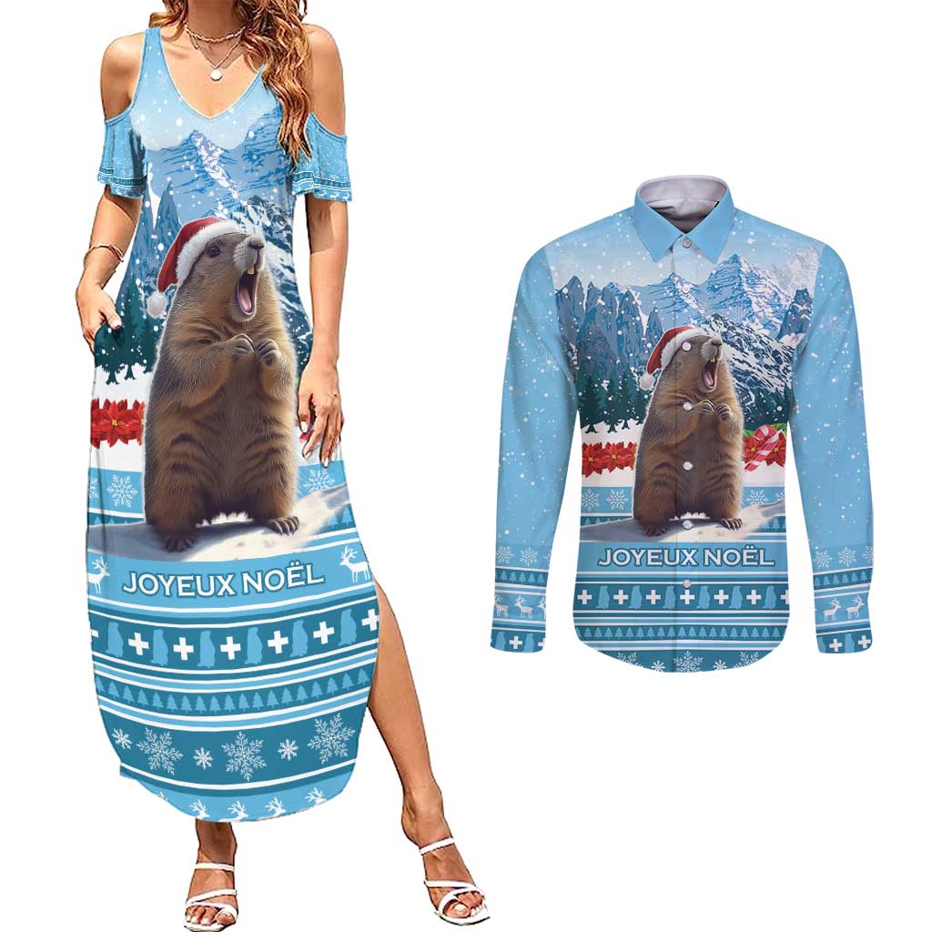 Switzerland Christmas Marmot Couples Matching Summer Maxi Dress and Long Sleeve Button Shirt Joyeux Noel - Wonder Print Shop