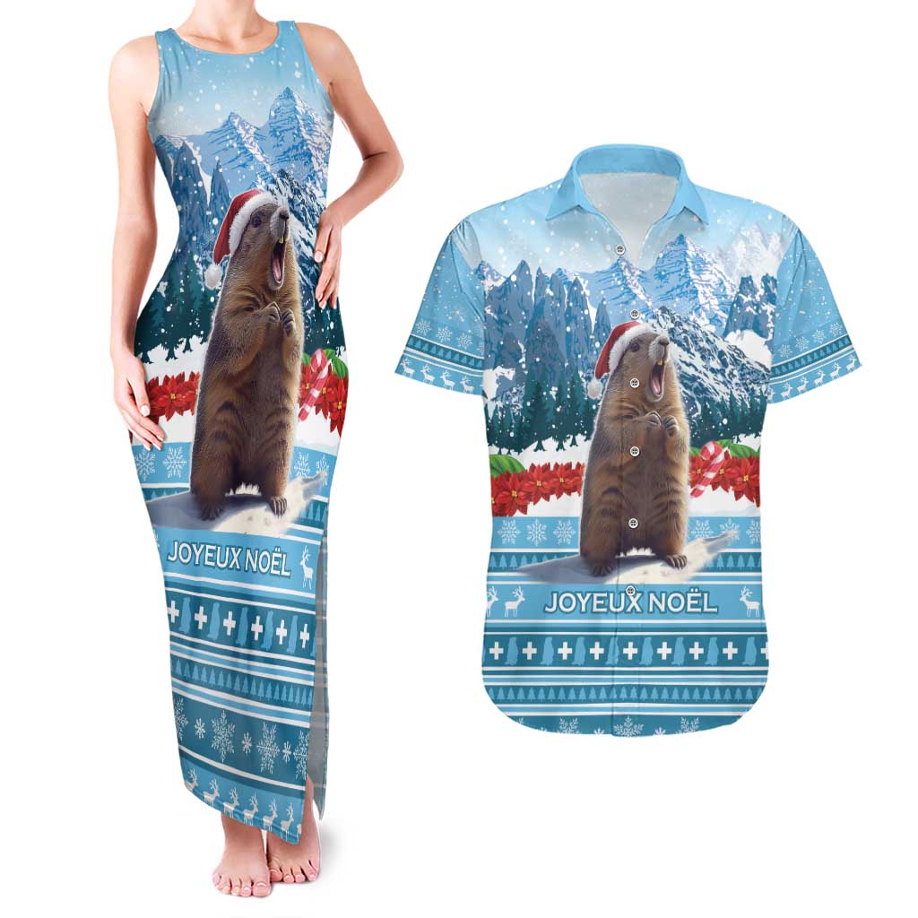 Switzerland Christmas Marmot Couples Matching Tank Maxi Dress and Hawaiian Shirt Joyeux Noel - Wonder Print Shop