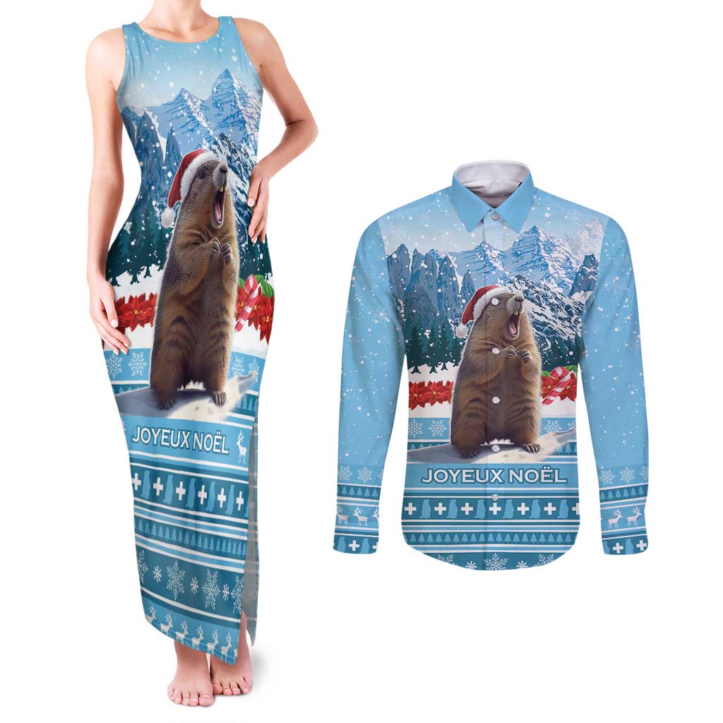 Switzerland Christmas Marmot Couples Matching Tank Maxi Dress and Long Sleeve Button Shirt Joyeux Noel - Wonder Print Shop