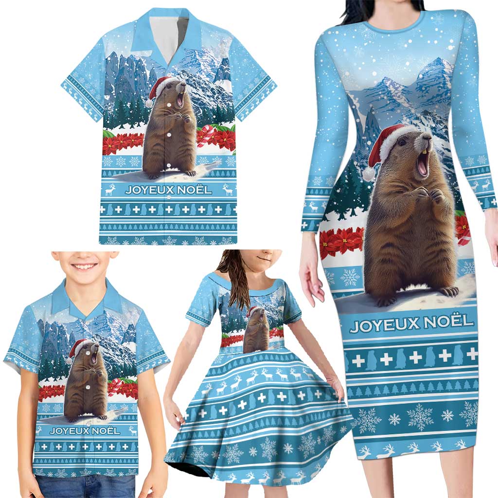 Switzerland Christmas Marmot Family Matching Long Sleeve Bodycon Dress and Hawaiian Shirt Joyeux Noel - Wonder Print Shop