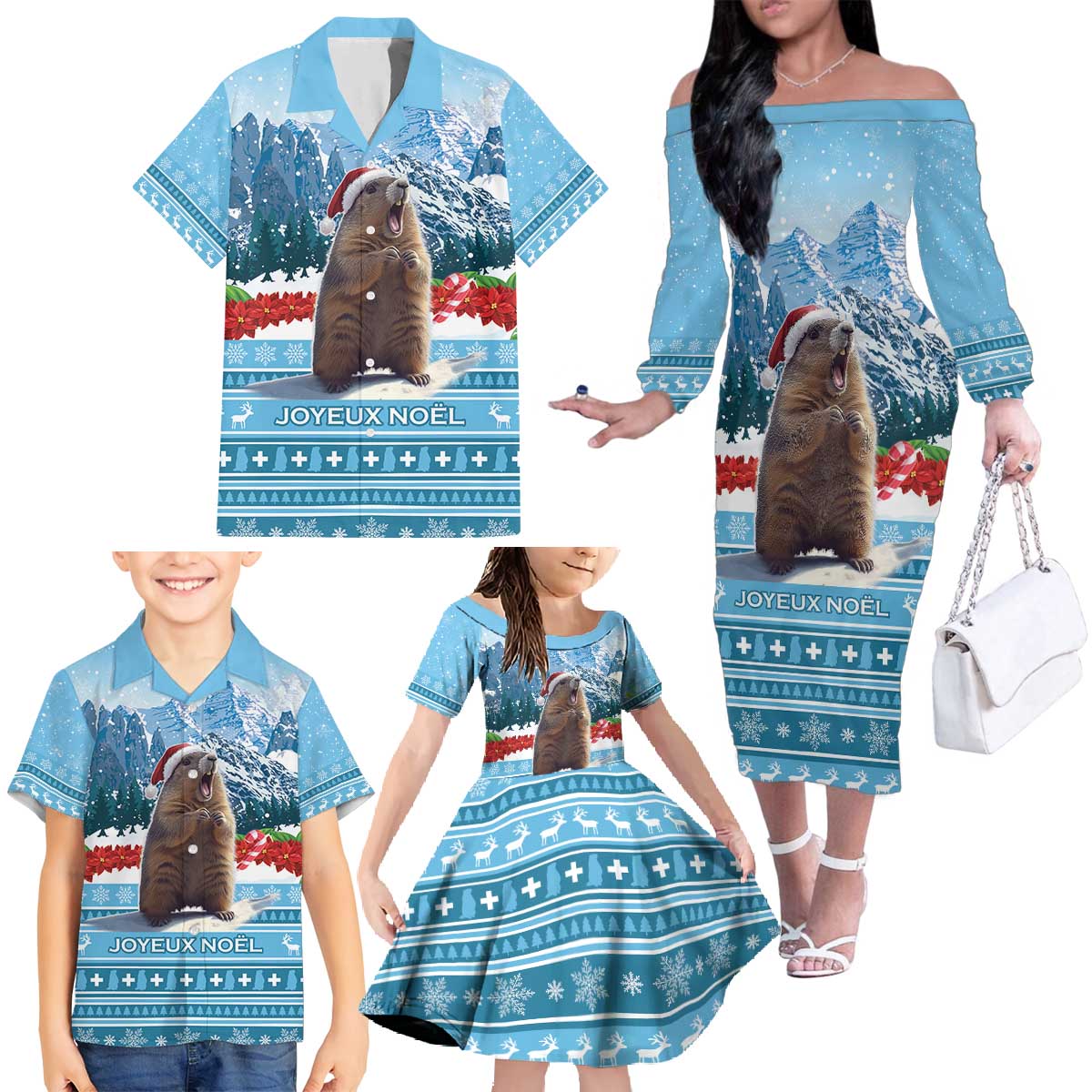 Switzerland Christmas Marmot Family Matching Off The Shoulder Long Sleeve Dress and Hawaiian Shirt Joyeux Noel - Wonder Print Shop