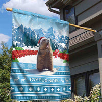 Blue Christmas garden flag with marmot, snowy mountains, and 'Joyeux Noel' border design