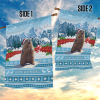 Two-sided blue Christmas flag with marmot scene, snowy mountains, and 'Joyeux Noel'