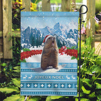 Blue Christmas garden flag with marmot and snowy mountains, 'Joyeux Noel' text