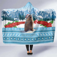 Blue hooded blanket with mountain and poinsettia print, Joyeux Noel text and animal graphic