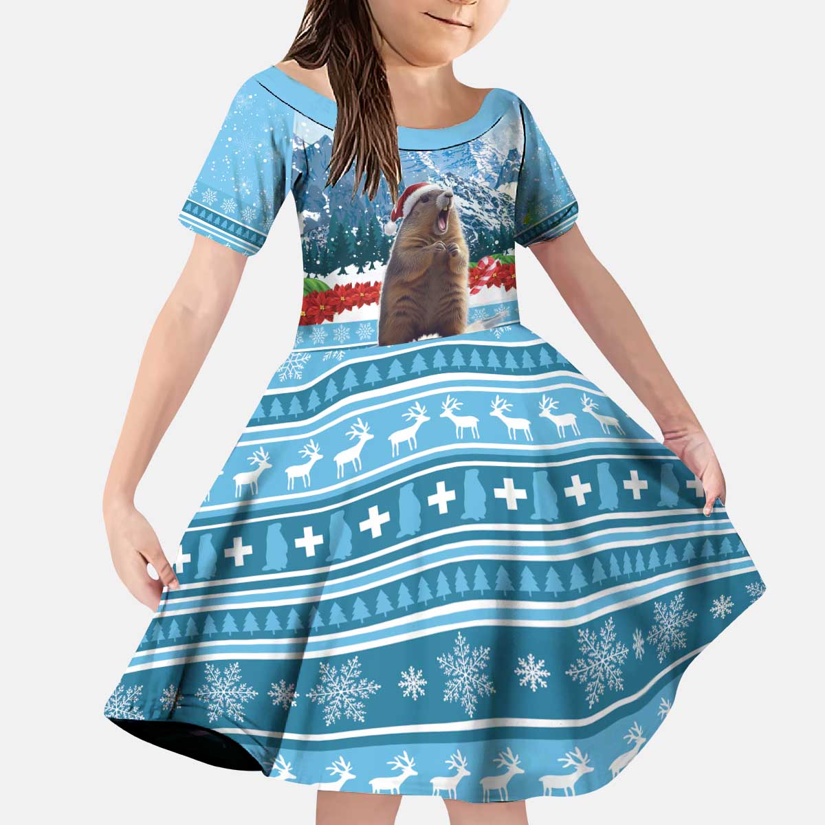 Switzerland Christmas Marmot Kid Short Sleeve Dress Joyeux Noel - Wonder Print Shop