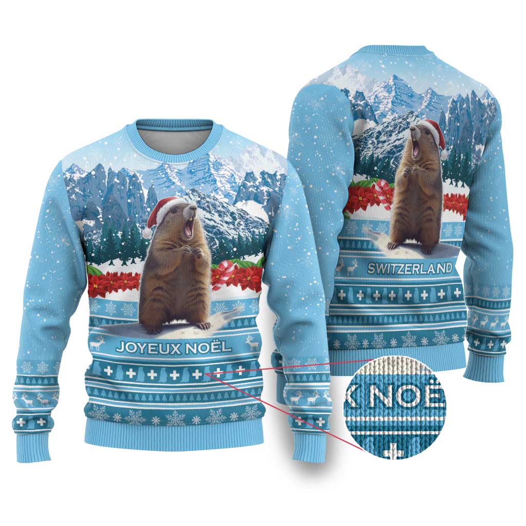 Blue crewneck ugly Christmas sweater with marmot graphic, mountains, Joyeux Noel and Switzerland