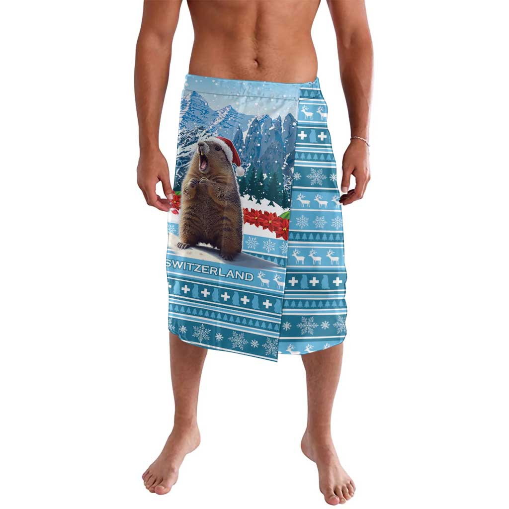 Blue patterned swim shorts with elastic waistband and animal graphic, mid-thigh length