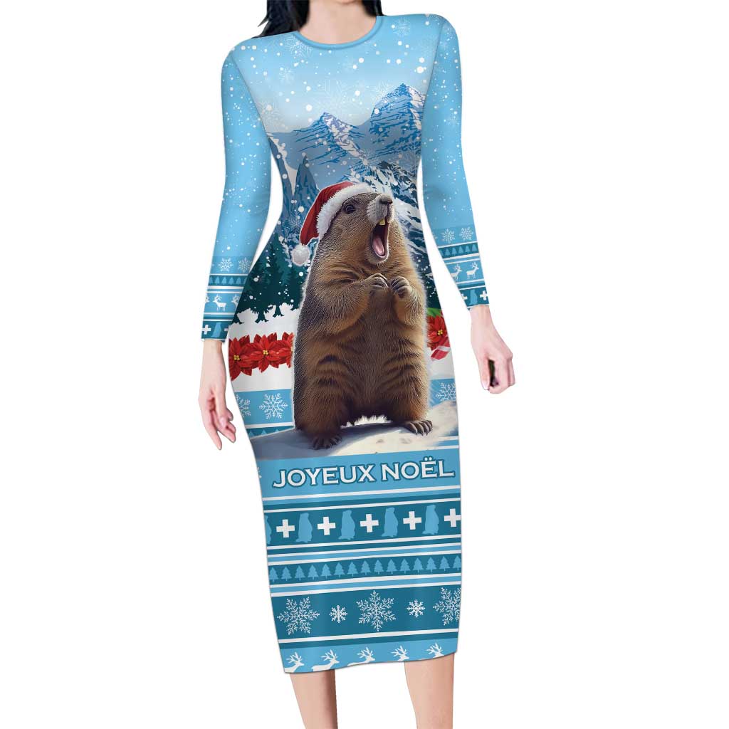 Switzerland Christmas Marmot Long Sleeve Bodycon Dress Joyeux Noel - Wonder Print Shop