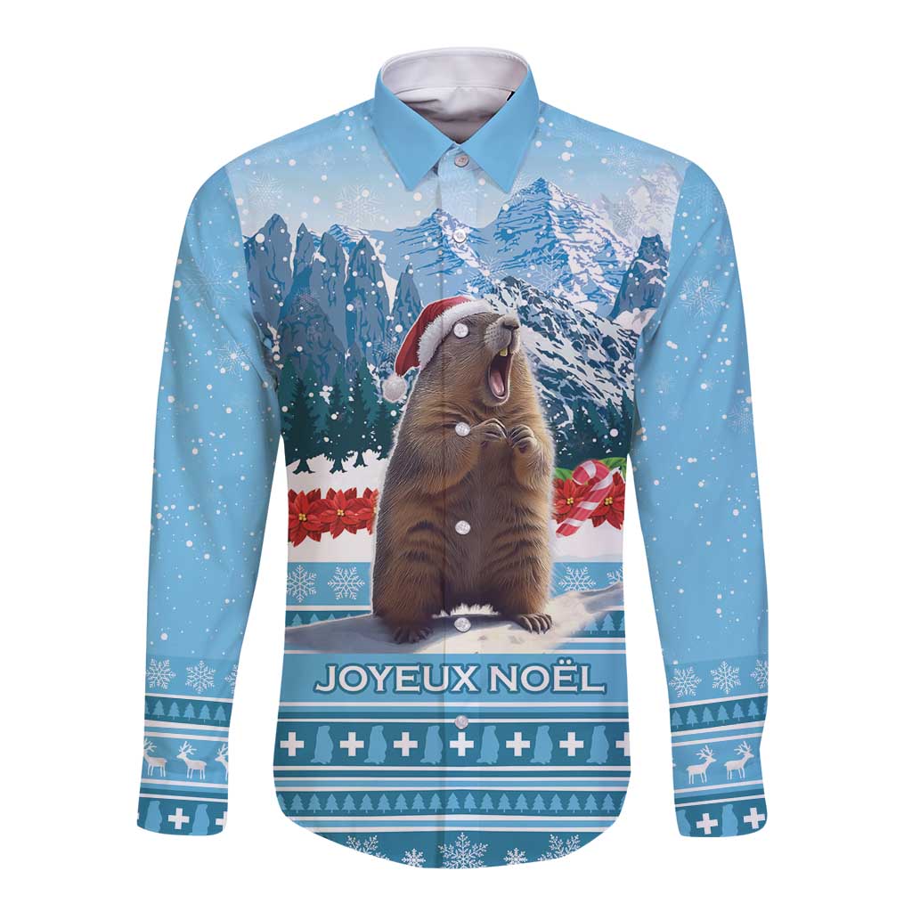Blue long-sleeve button shirt with marmot in Santa hat, 'Joyeux Noel' winter graphic
