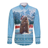Blue long-sleeve button shirt with marmot in Santa hat, 'Joyeux Noel' winter graphic
