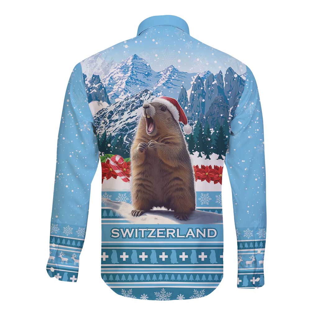 Blue long-sleeve button shirt, back print with marmot in Santa hat and 'SWITZERLAND' text