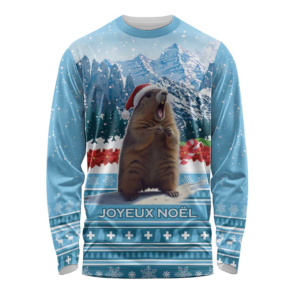 Blue long-sleeve shirt with marmot in Santa hat, mountains, and 'JOYEUX NOEL' text