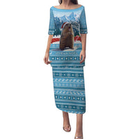 Blue long off-shoulder dress with marmot graphic, snowflakes, 'JOYEUX NOEL' text
