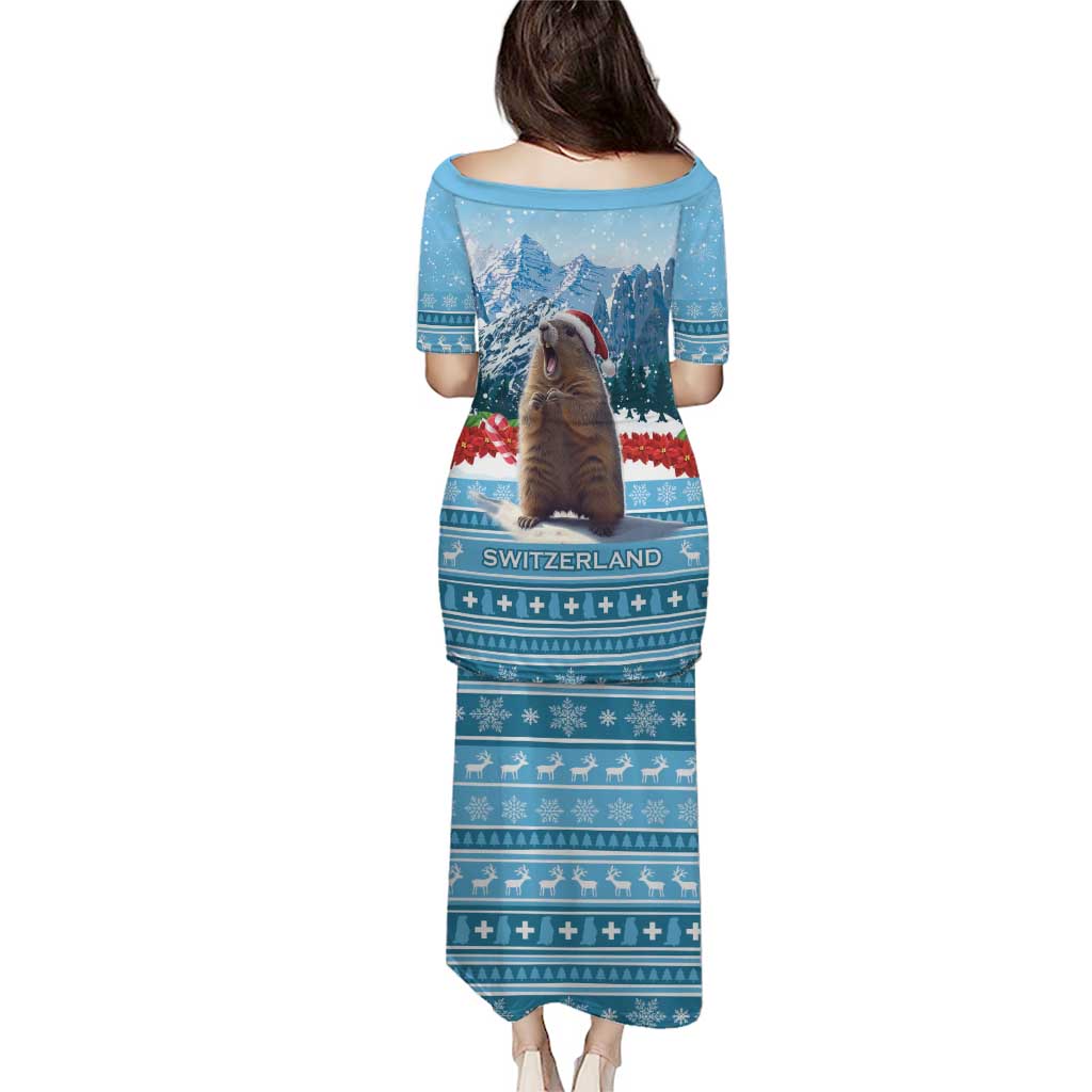 Blue long dress, back view, marmot over snow pattern with 'SWITZERLAND' text