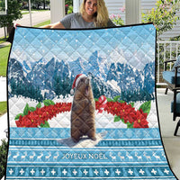 Blue Christmas marmot quilt with snowy mountain and Joyeux Noël design