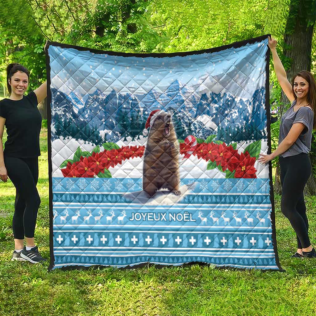 Quilt with marmot, mountain, and Joyeux Noel Christmas print