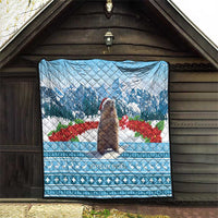 Blue Christmas quilt with marmot and Joyeux Noel print