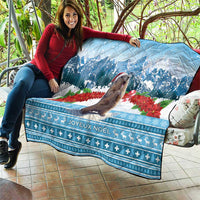 Blue Christmas quilt with marmot and mountain scene, Joyeux Noel pattern