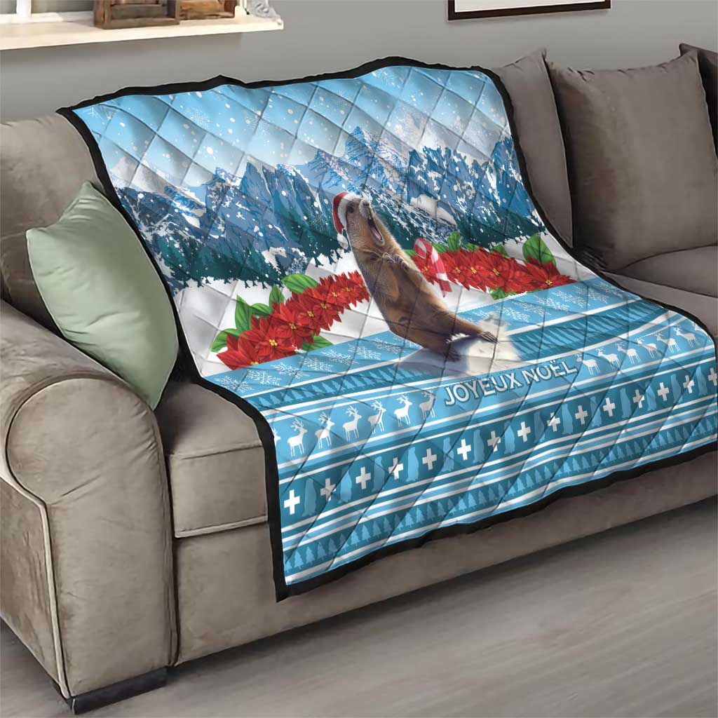 Blue Christmas marmot quilt with mountain print and JOYEUX NOEL text