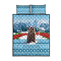 Blue Christmas quilt bed set with marmot artwork, poinsettias, JOYEUX NOEL text, and 2 pillows